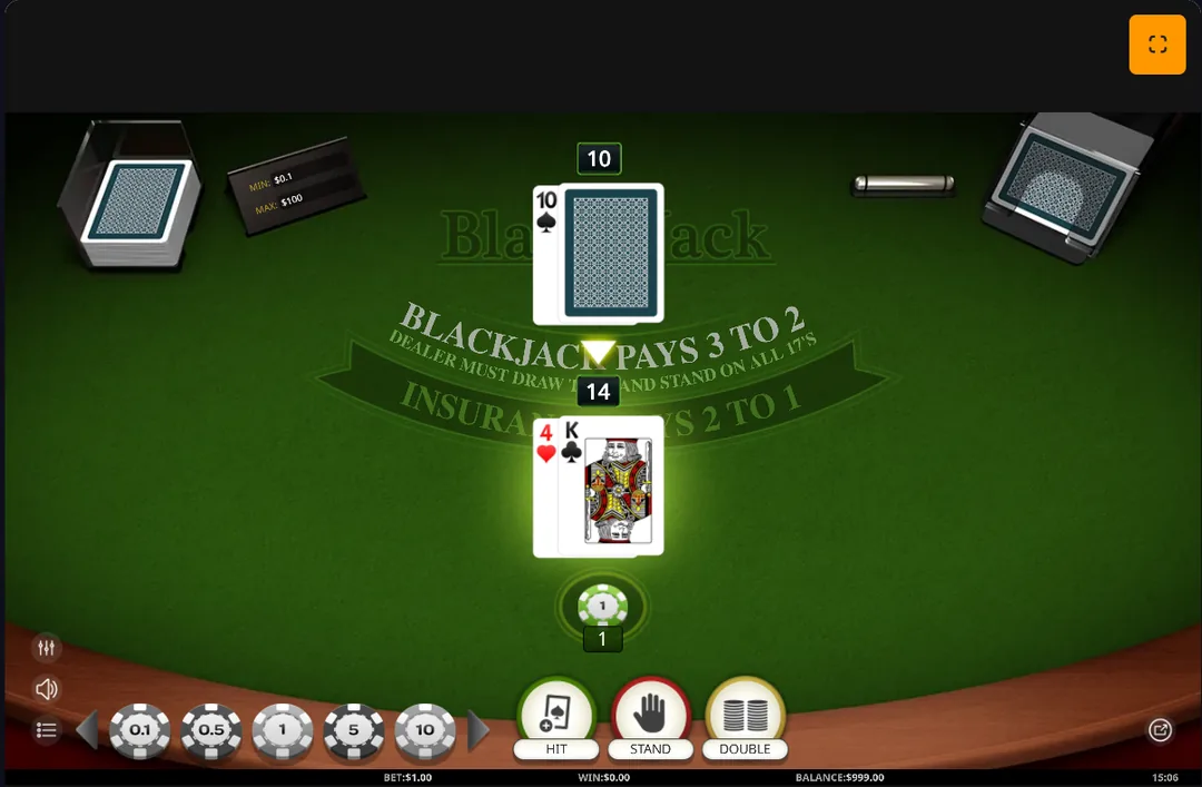 Screenshot of the Blackjack simulator interface